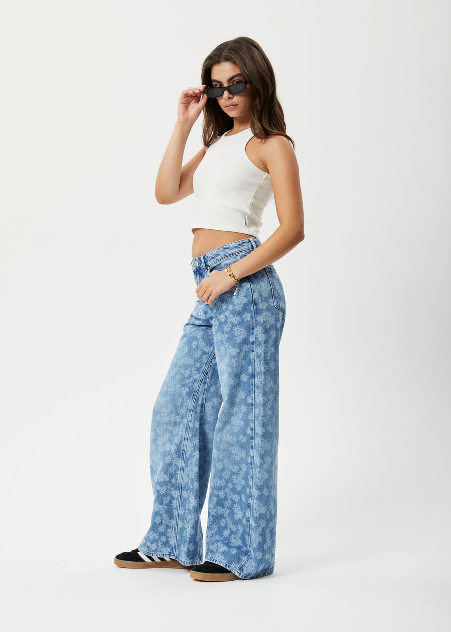 AFENDS Womens Fink Gigi - Denim Flared Jean - Worn Blue Daisy