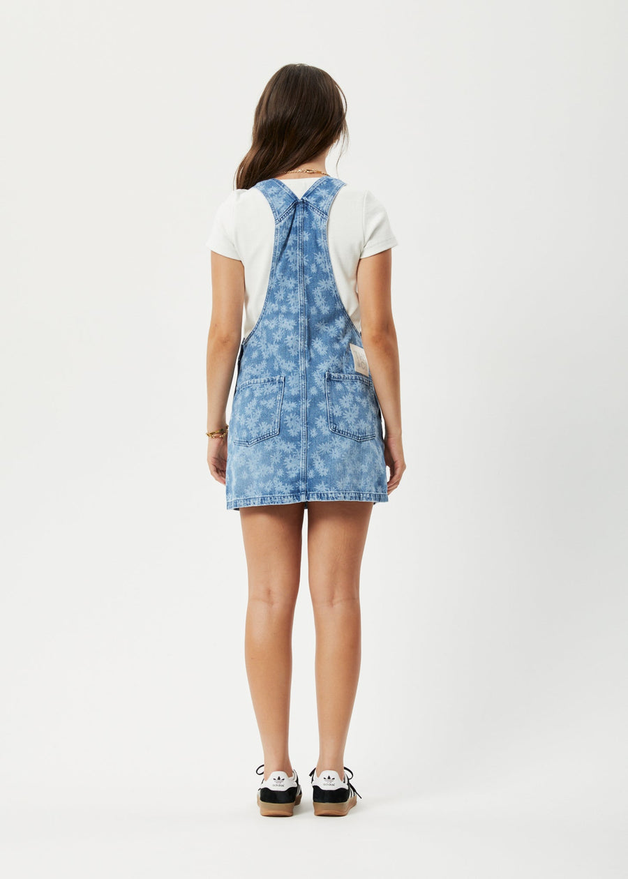 AFENDS Womens Fink - Denim Overall Dress - Worn Blue Daisy 