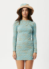AFENDS Womens Adi - Rib Long Sleeve Dress - Blue Stripe - Afends womens adi   rib long sleeve dress   blue stripe