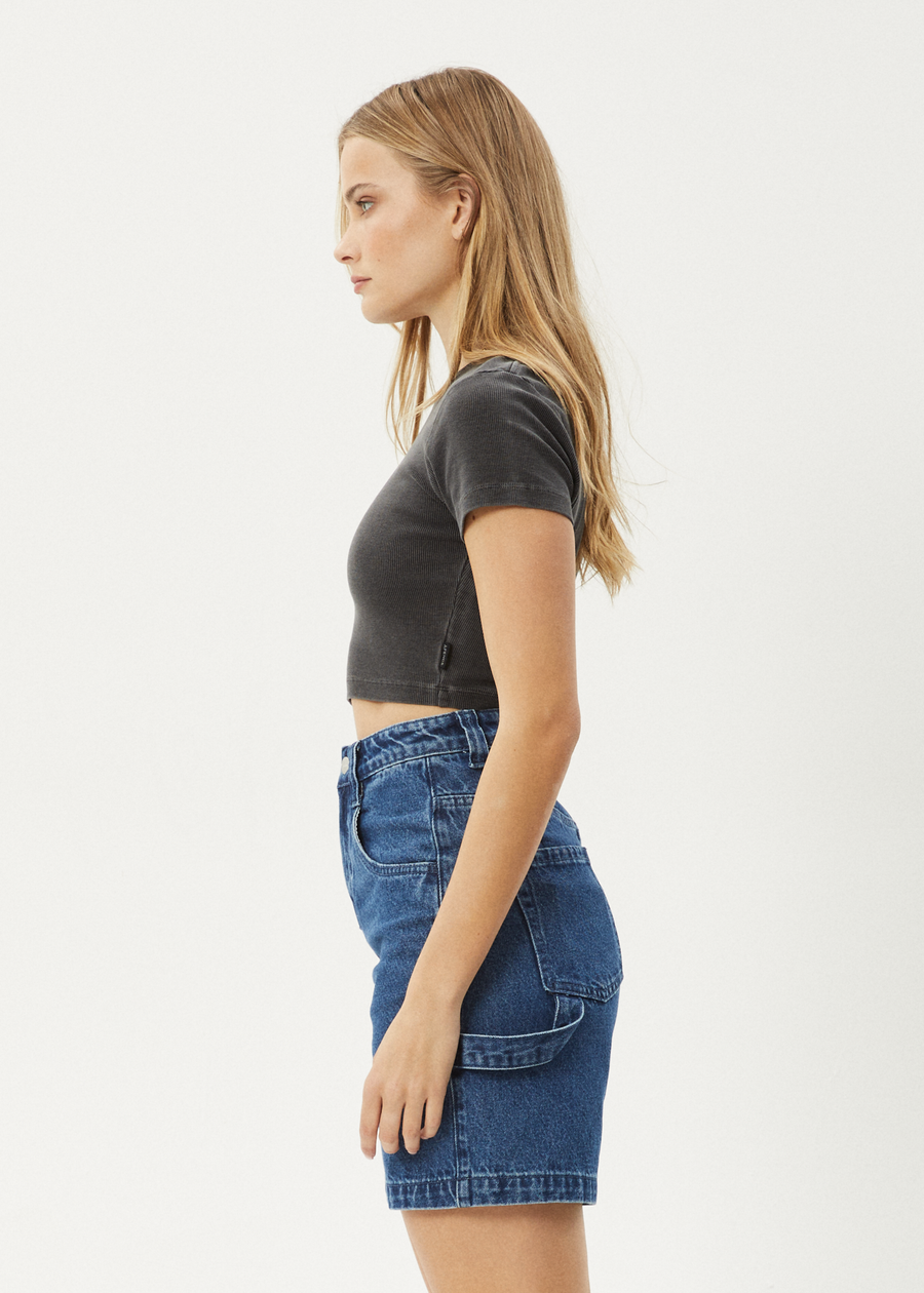 AFENDS Womens Dillon Abbie - Rib Cropped Tee - Stone Black