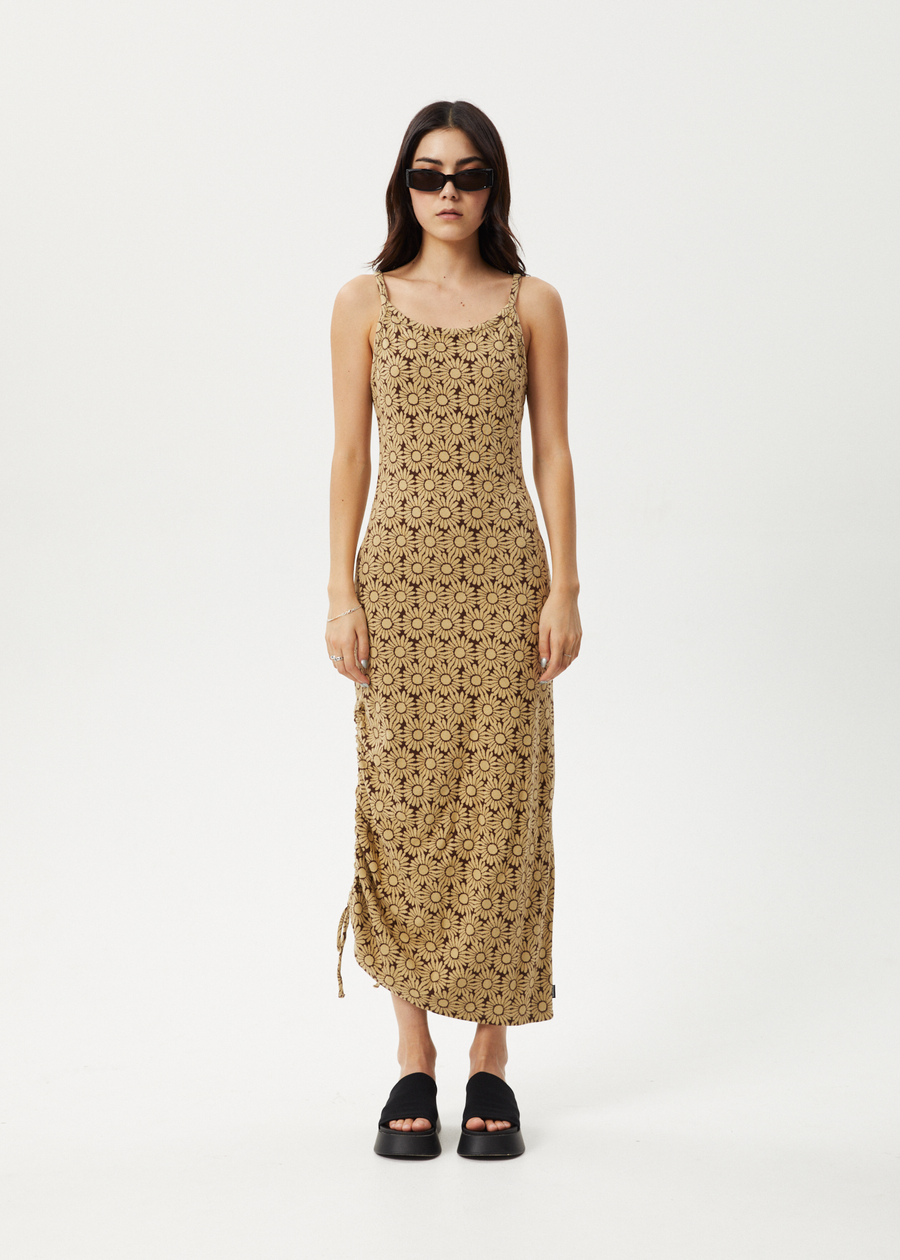 AFENDS Womens Daisy - Gathered Floral Maxi Dress - Toffee 