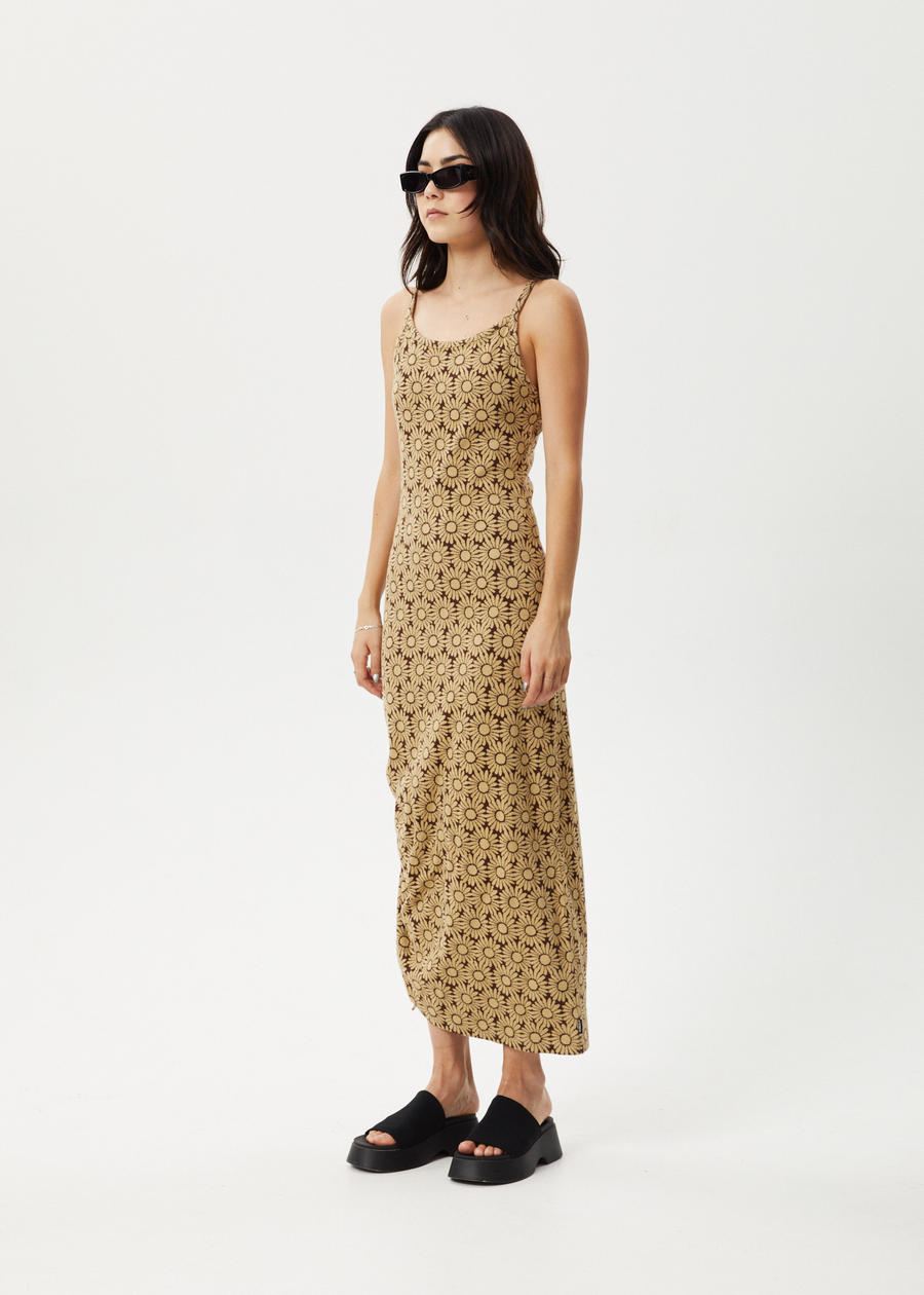 AFENDS Womens Daisy - Gathered Floral Maxi Dress - Toffee 