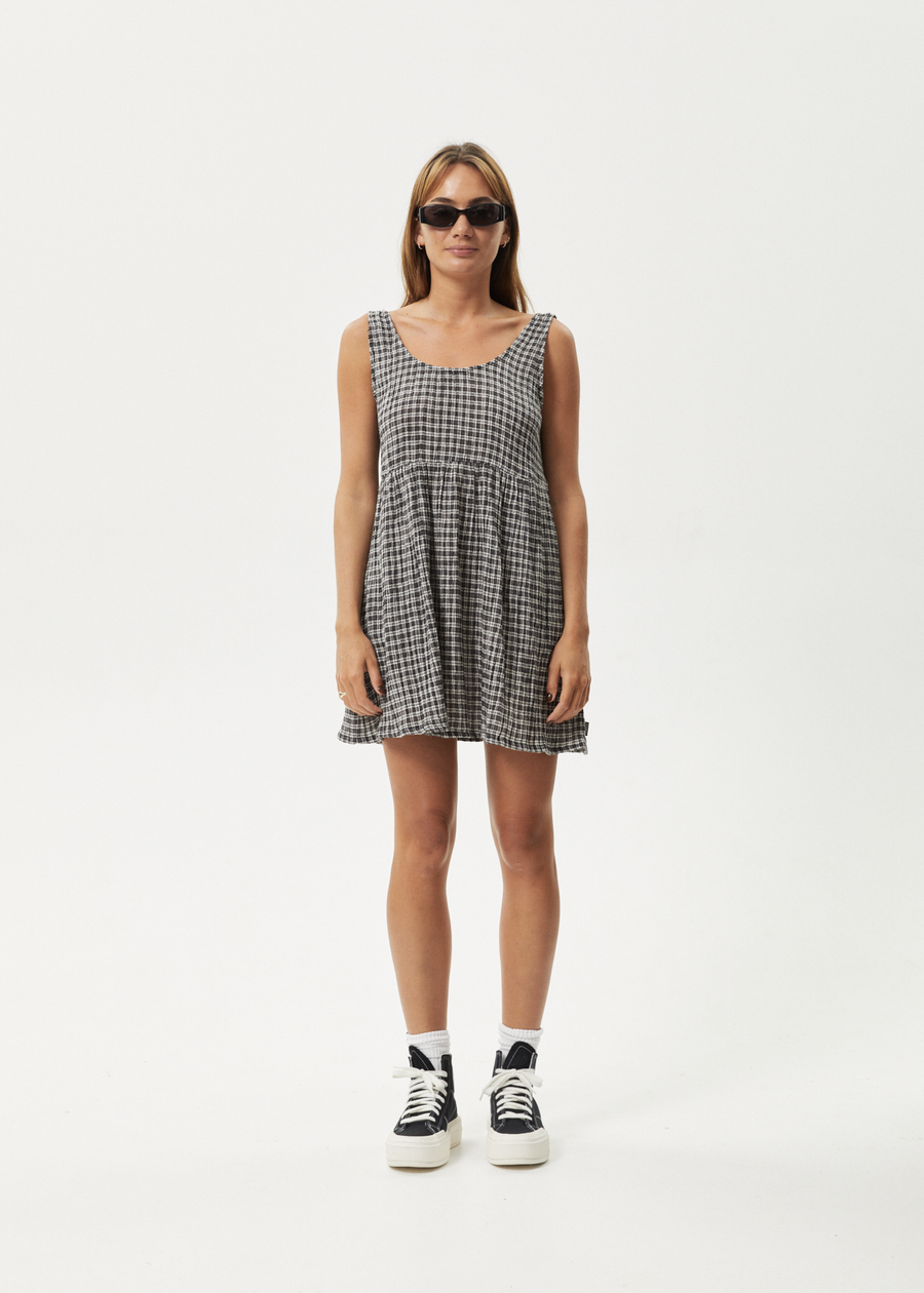 AFENDS Womens Asta Jesse - Seersucker Mini Dress - Steel Check - Streetwear - Sustainable Fashion