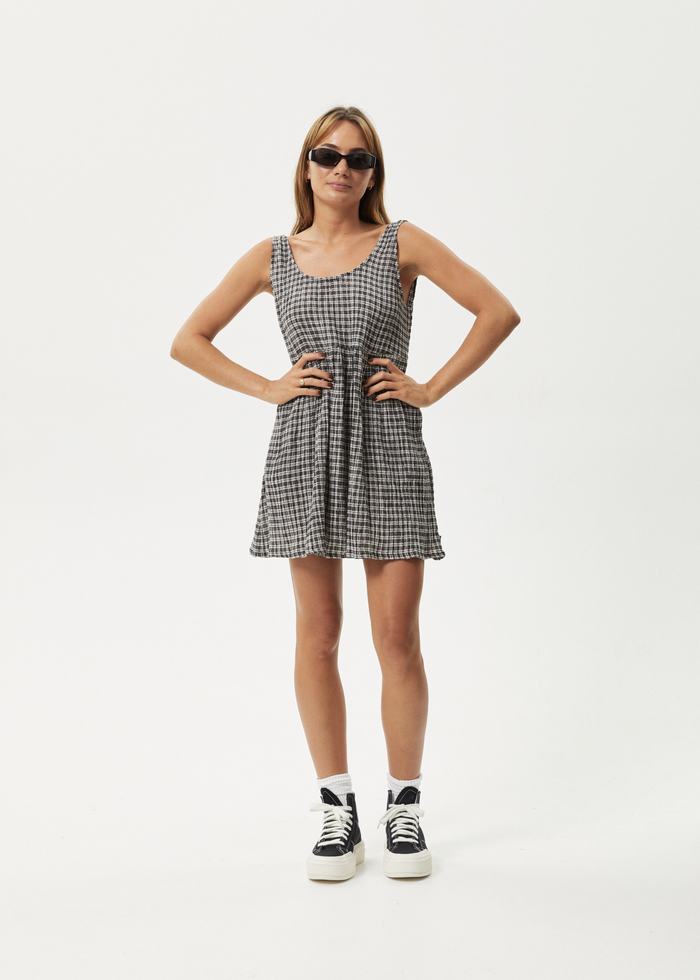 Afends Womens Asta Jesse - Hemp Seersucker Mini Dress - Steel Check - Streetwear - Sustainable Fashion