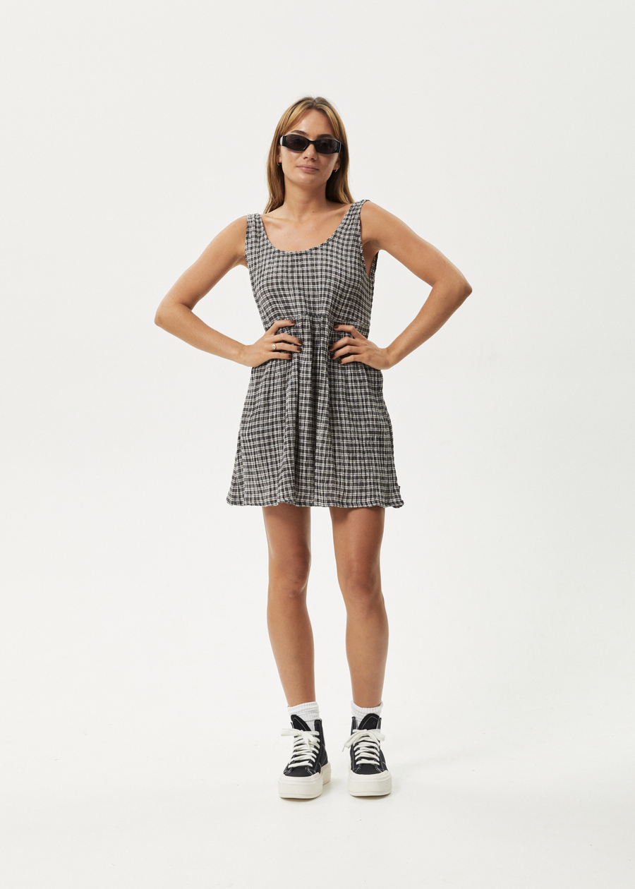AFENDS Womens Asta Jesse - Seersucker Mini Dress - Steel Check - Streetwear - Sustainable Fashion
