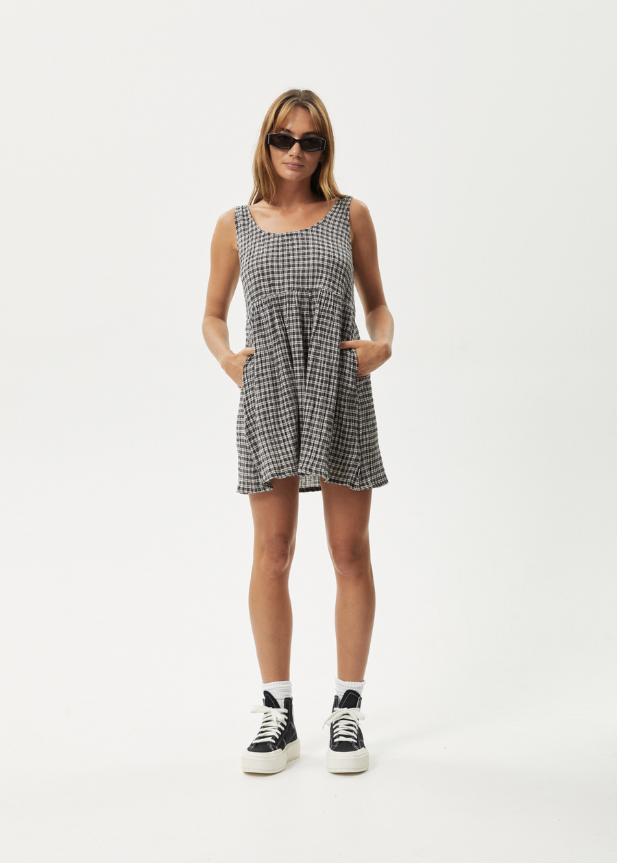 AFENDS Womens Asta Jesse - Seersucker Mini Dress - Steel Check - Streetwear - Sustainable Fashion