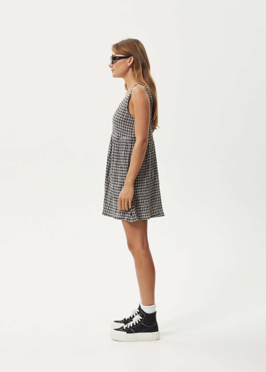 AFENDS Womens Asta Jesse - Seersucker Mini Dress - Steel Check - Streetwear - Sustainable Fashion