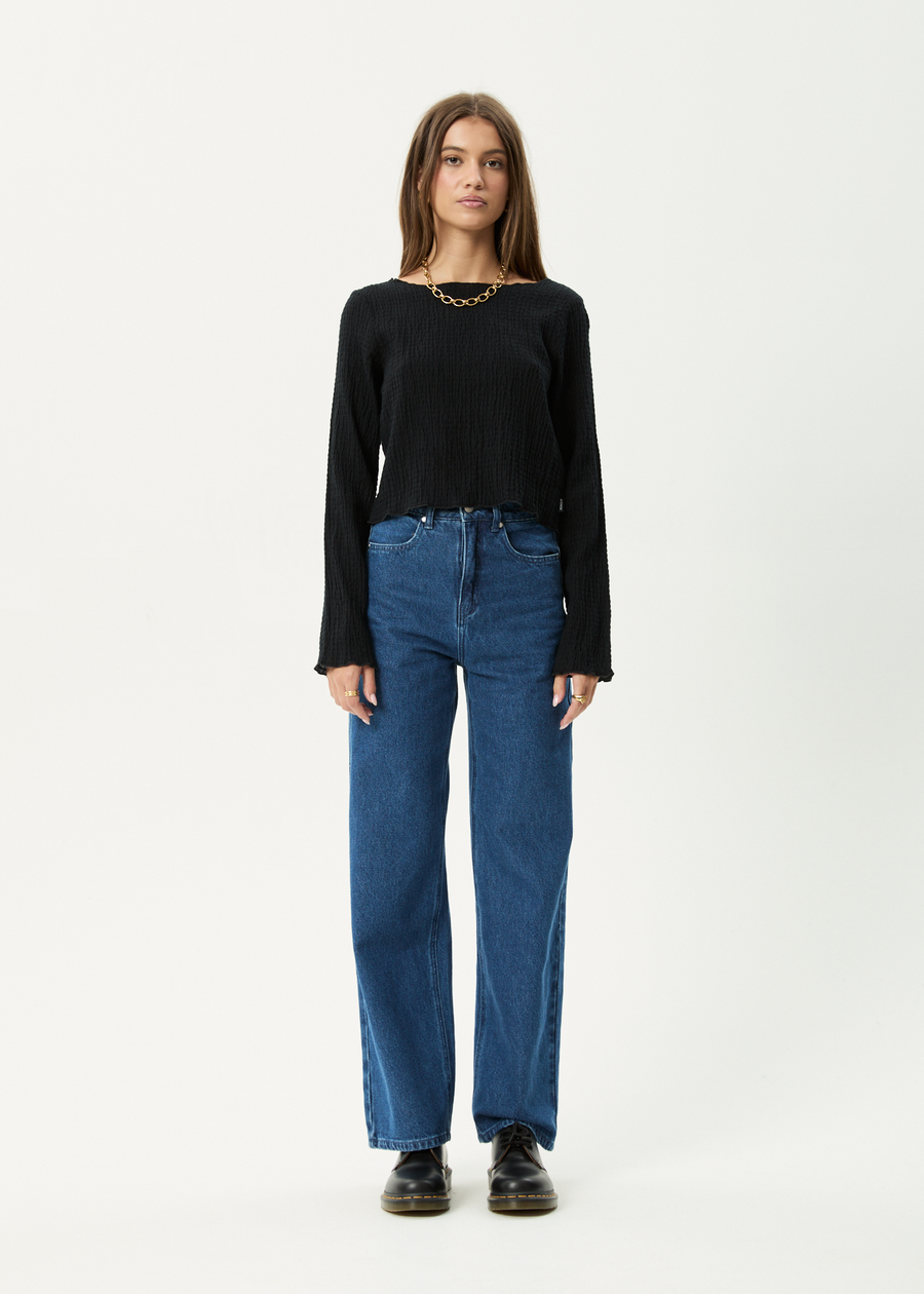 AFENDS Womens Focus - Seersucker Long Sleeve Top - Black