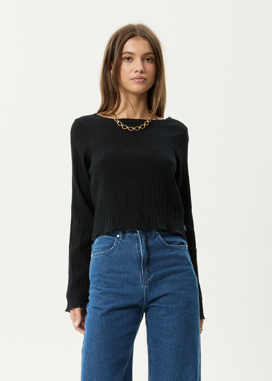 AFENDS Womens Focus - Seersucker Long Sleeve Top - Black