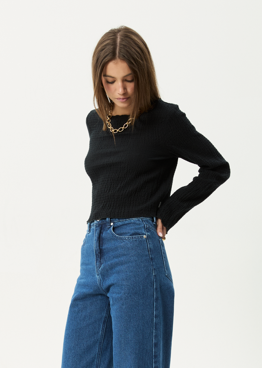 AFENDS Womens Focus - Seersucker Long Sleeve Top - Black