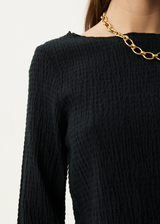 AFENDS Womens Focus - Seersucker Long Sleeve Top - Black - Afends womens focus   seersucker long sleeve top   black