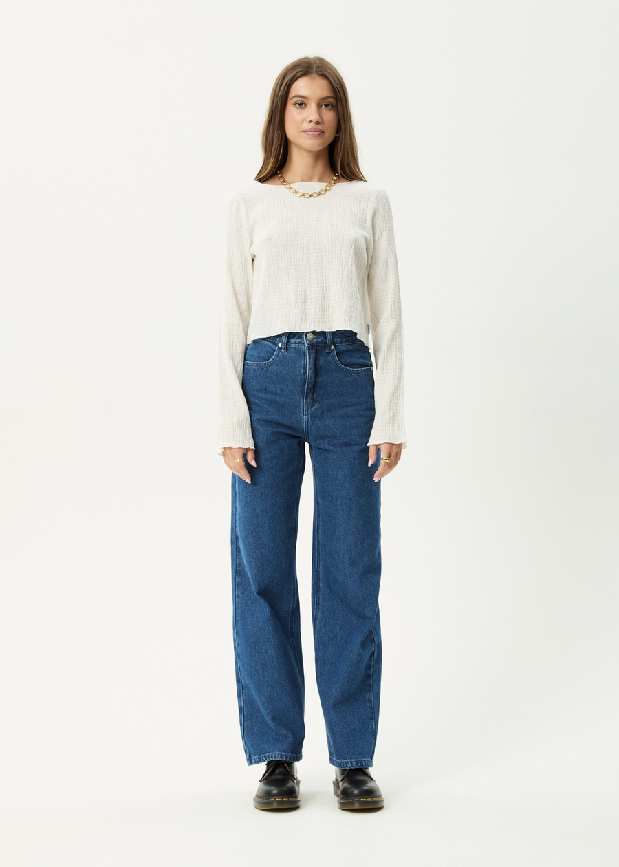 AFENDS Womens Focus - Seersucker Long Sleeve Top - Off White