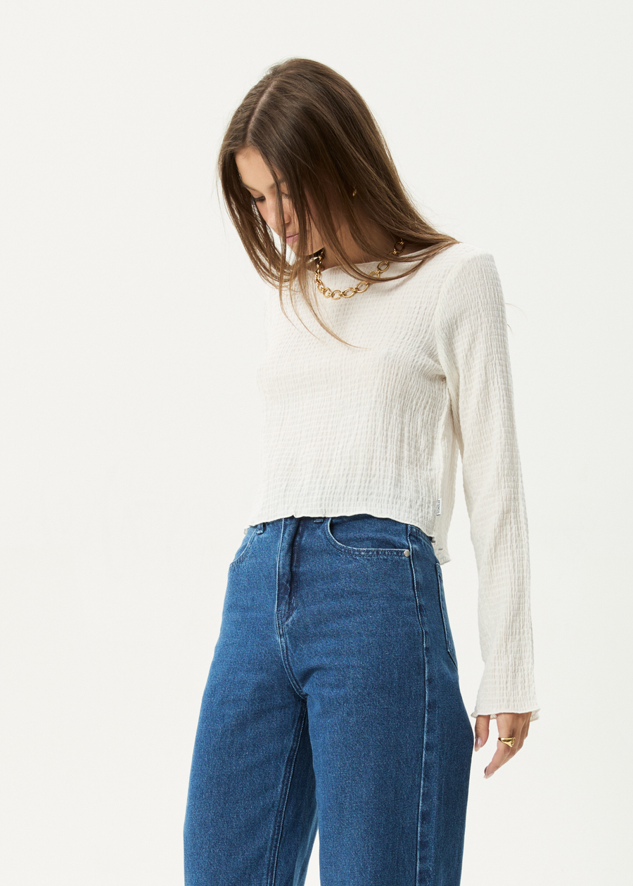 AFENDS Womens Focus - Seersucker Long Sleeve Top - Off White