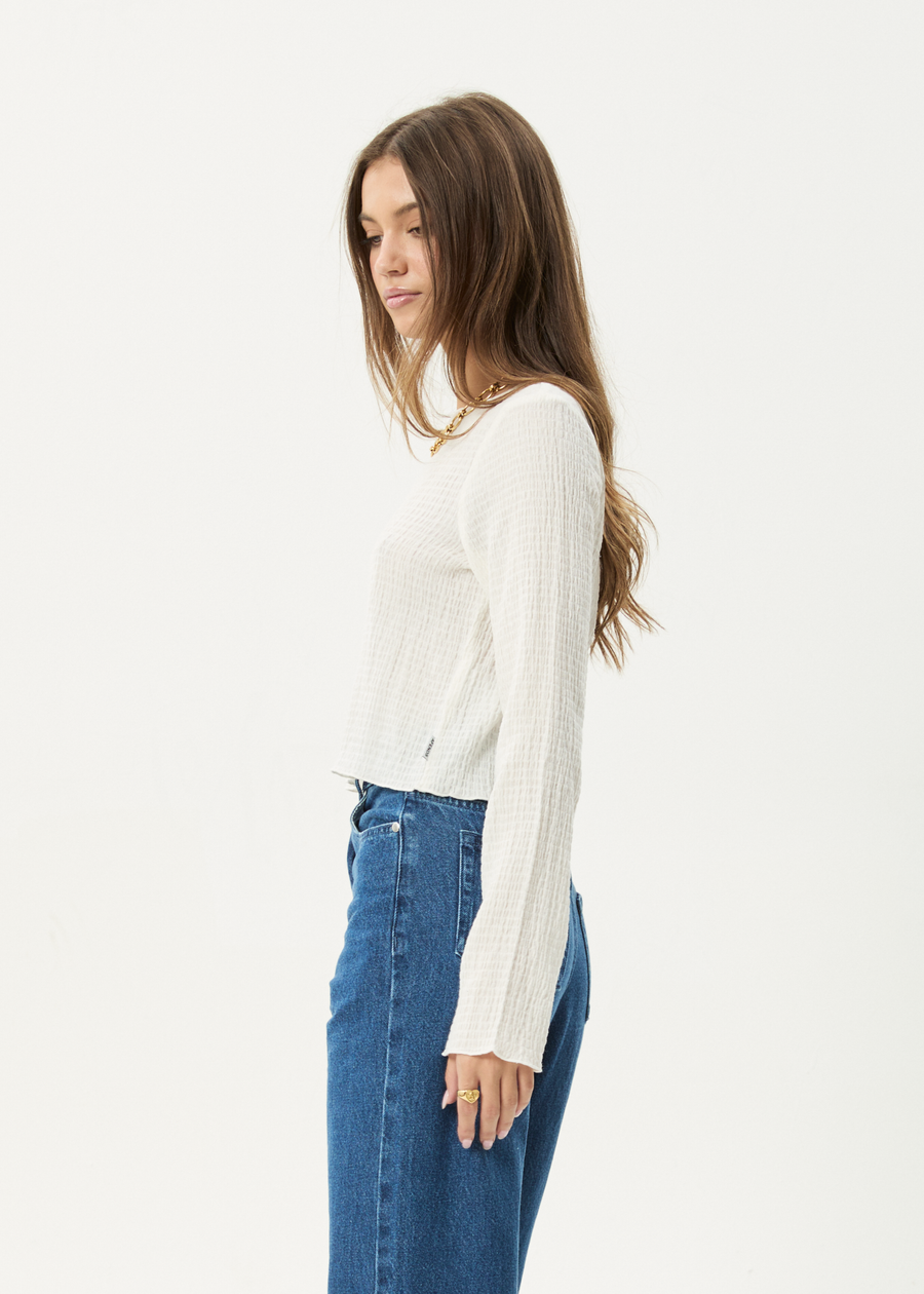 AFENDS Womens Focus - Seersucker Long Sleeve Top - Off White