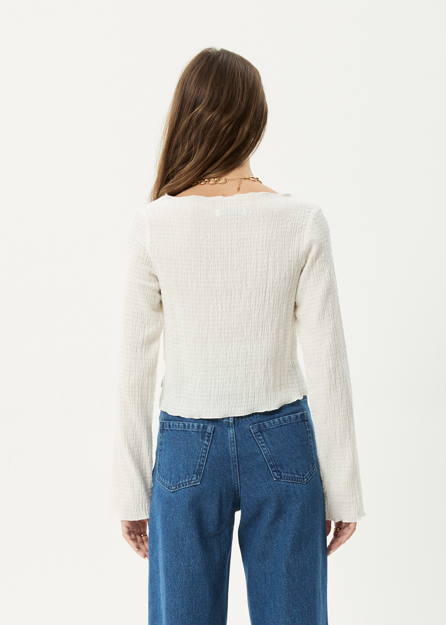 AFENDS Womens Focus - Seersucker Long Sleeve Top - Off White