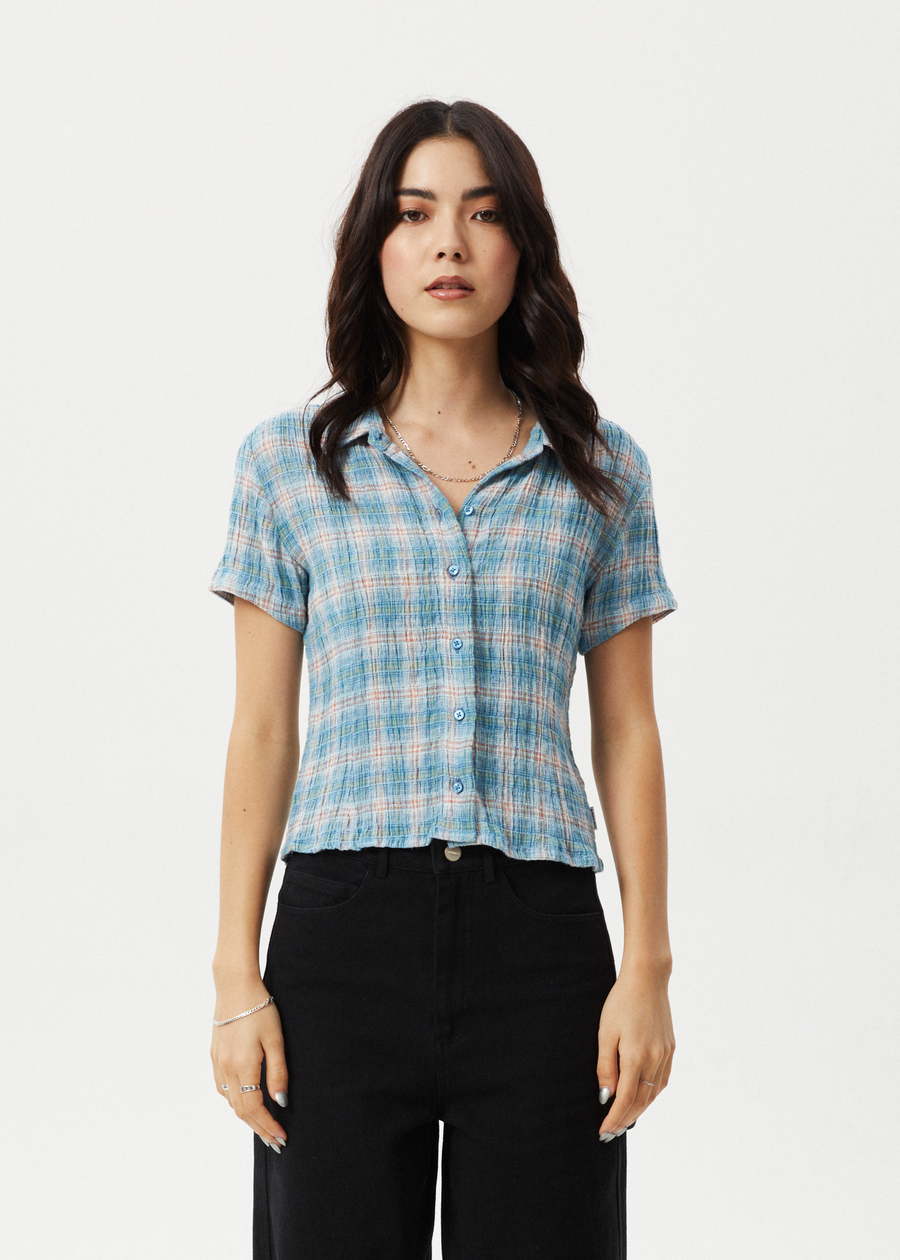 AFENDS Womens Position - Seersucker Short Sleeve Shirt - Lake Check