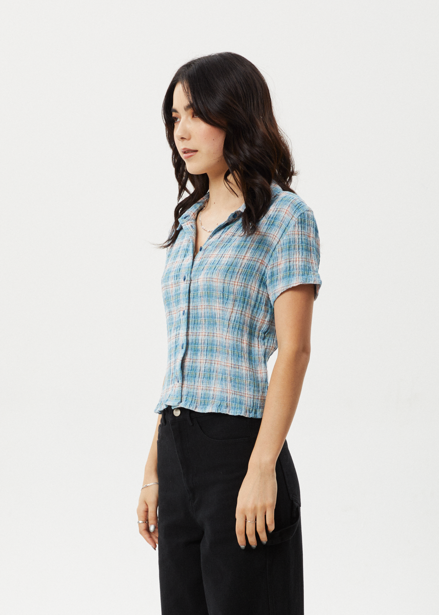 AFENDS Womens Position - Seersucker Short Sleeve Shirt - Lake Check