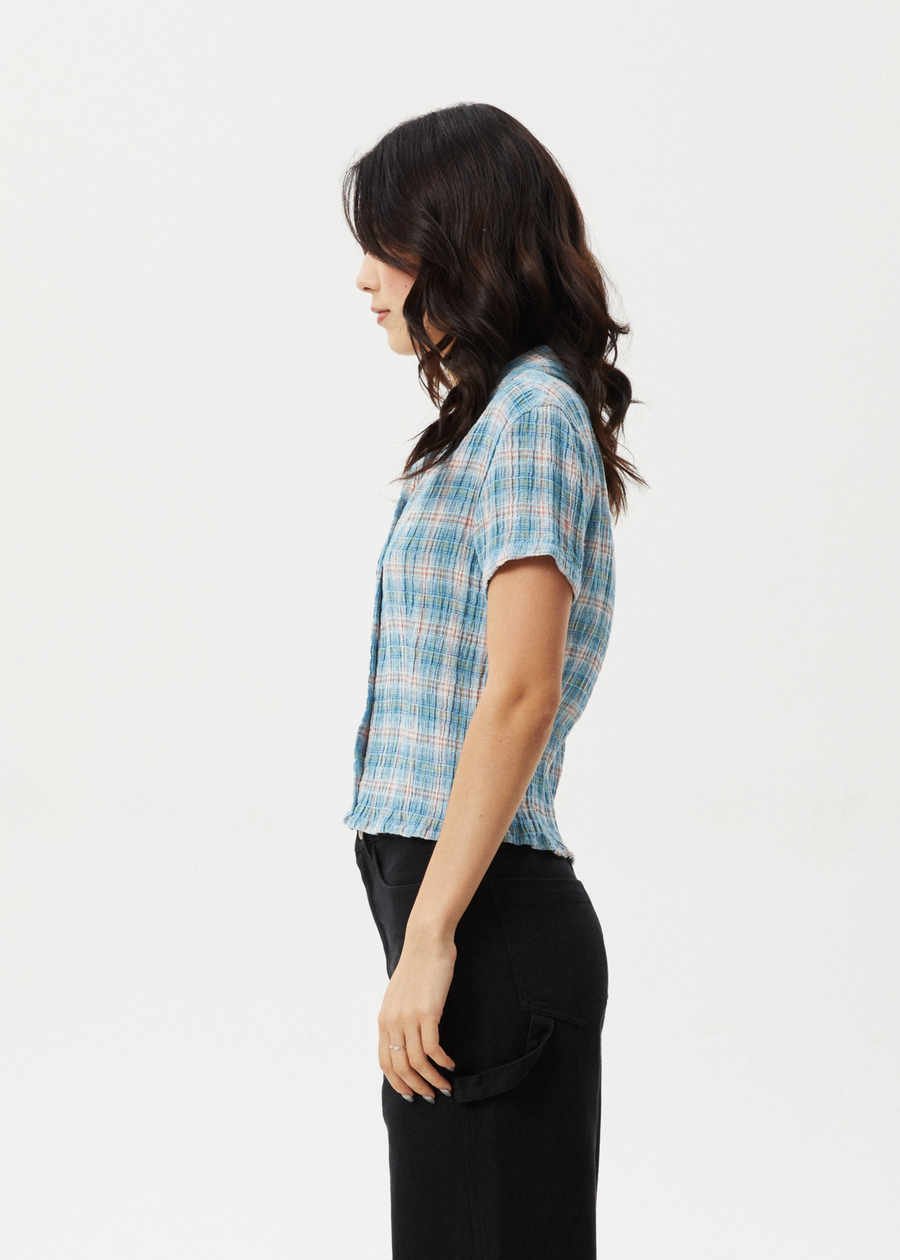 AFENDS Womens Position - Seersucker Short Sleeve Shirt - Lake Check