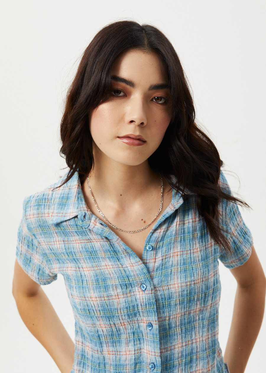 AFENDS Womens Position - Seersucker Short Sleeve Shirt - Lake Check