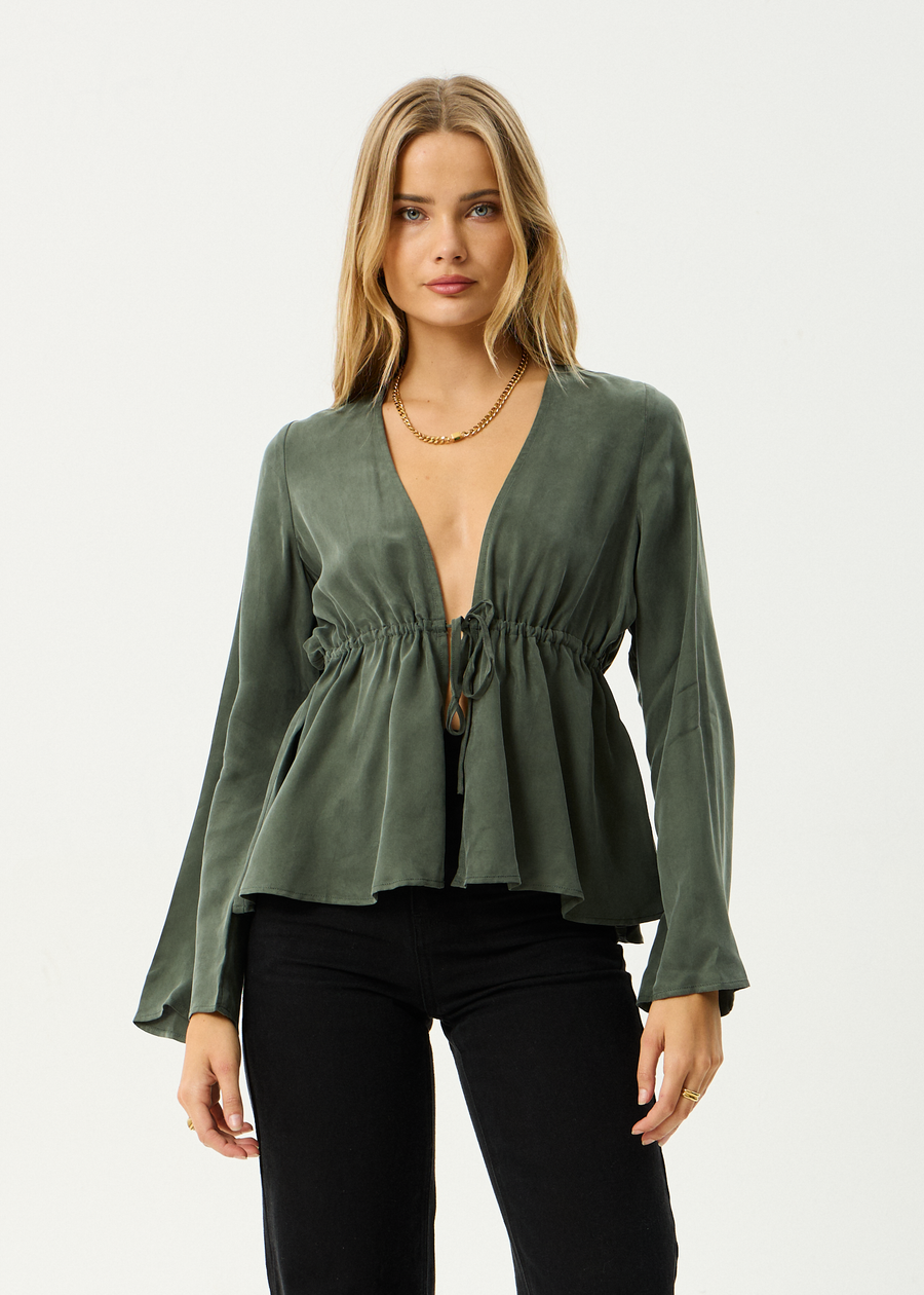 AFENDS Womens Grace - Cupro Tie Blouse - Deep Green