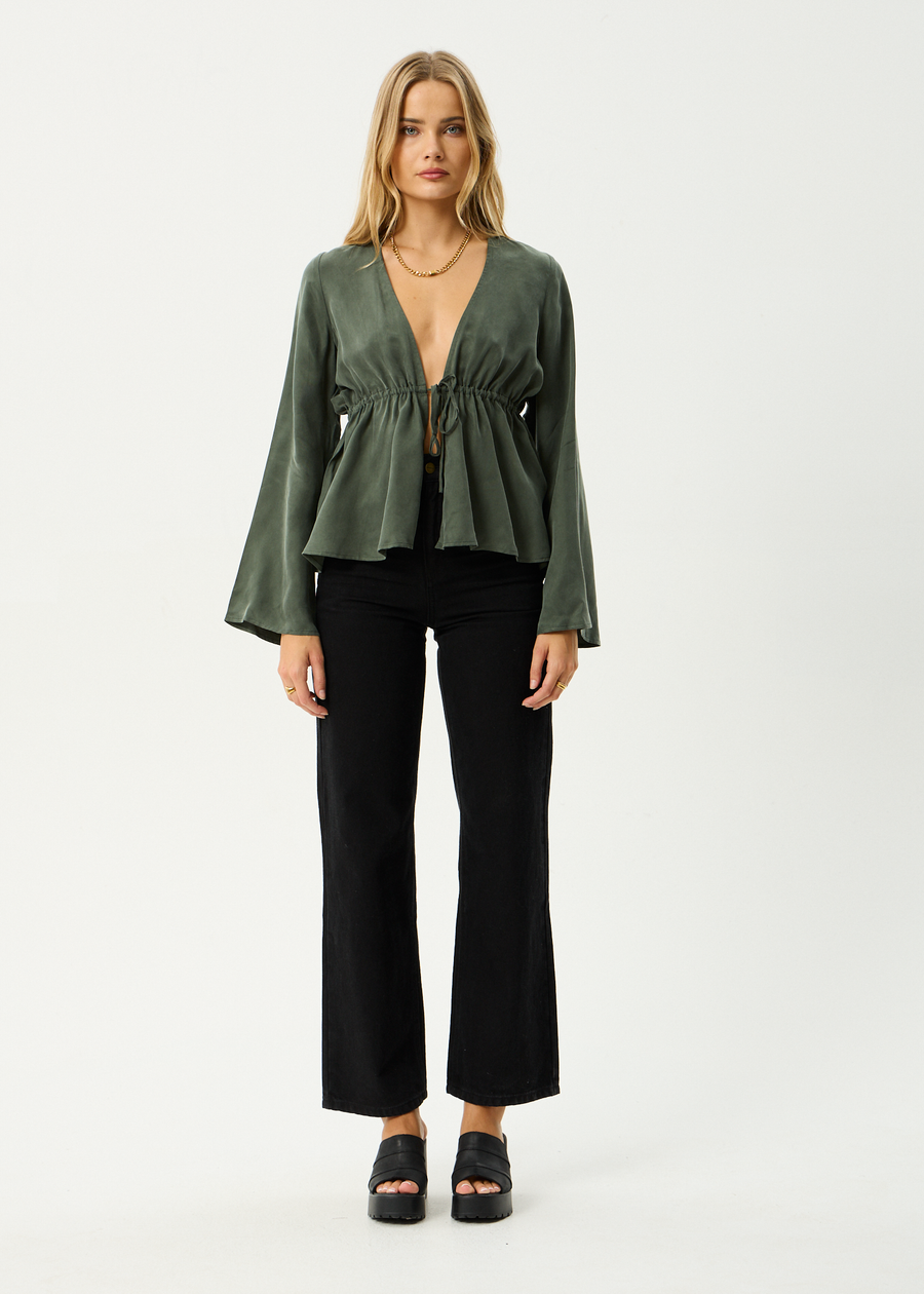AFENDS Womens Grace - Cupro Tie Blouse - Deep Green