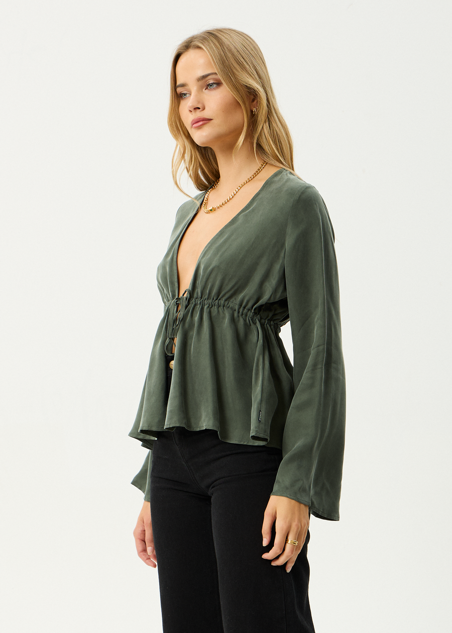 AFENDS Womens Grace - Cupro Tie Blouse - Deep Green