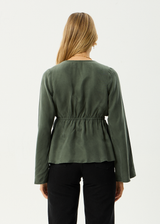 AFENDS Womens Grace - Cupro Tie Blouse - Deep Green - Afends womens grace   cupro tie blouse   deep green