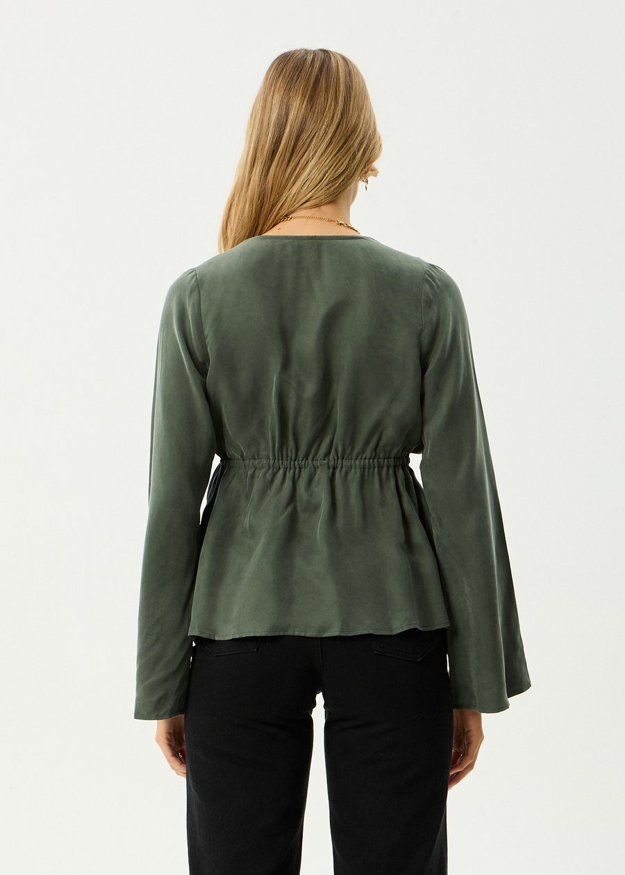 AFENDS Womens Grace - Cupro Tie Blouse - Deep Green
