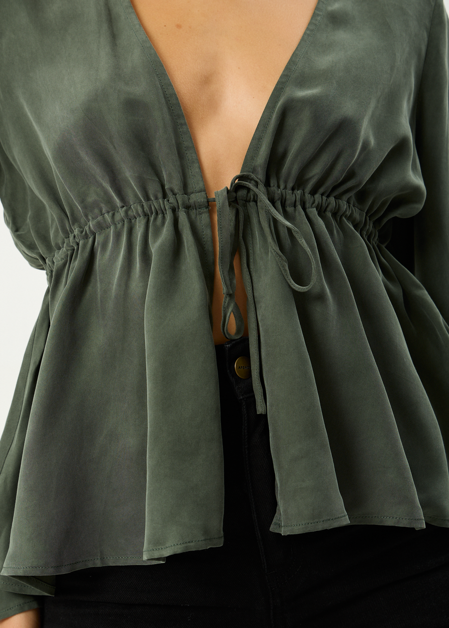 AFENDS Womens Grace - Cupro Tie Blouse - Deep Green