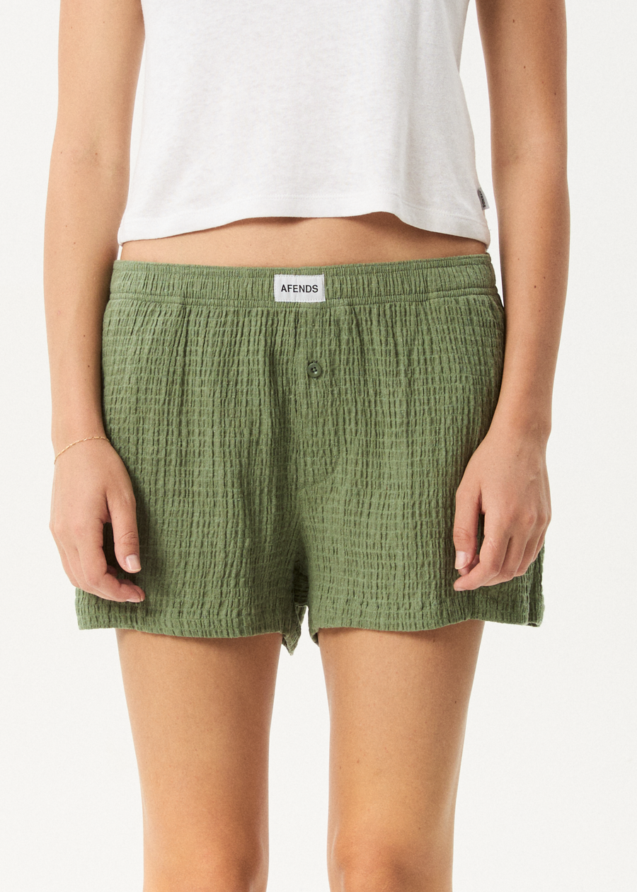 AFENDS Womens Focus - Seersucker Boxer Short - Oil Green