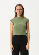 AFENDS Womens Focus - Seersucker Mock Neck Top - Oil Green - Afends womens focus   seersucker mock neck top   oil green