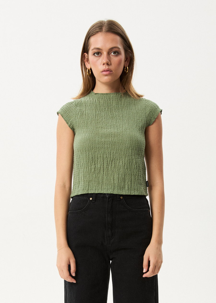 AFENDS Womens Focus - Seersucker Mock Neck Top - Oil Green