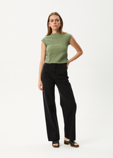 AFENDS Womens Focus - Seersucker Mock Neck Top - Oil Green - Afends womens focus   seersucker mock neck top   oil green