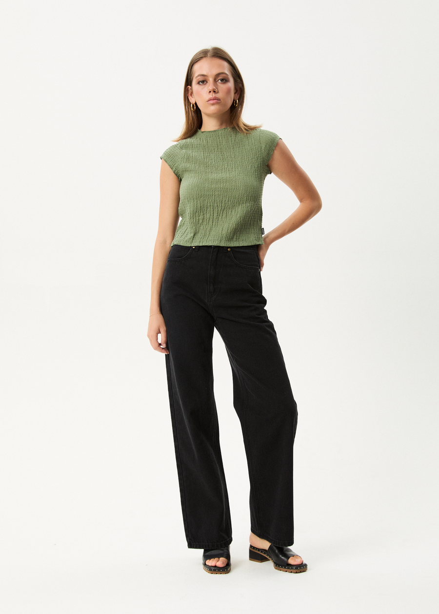 AFENDS Womens Focus - Seersucker Mock Neck Top - Oil Green