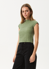 AFENDS Womens Focus - Seersucker Mock Neck Top - Oil Green - Afends womens focus   seersucker mock neck top   oil green