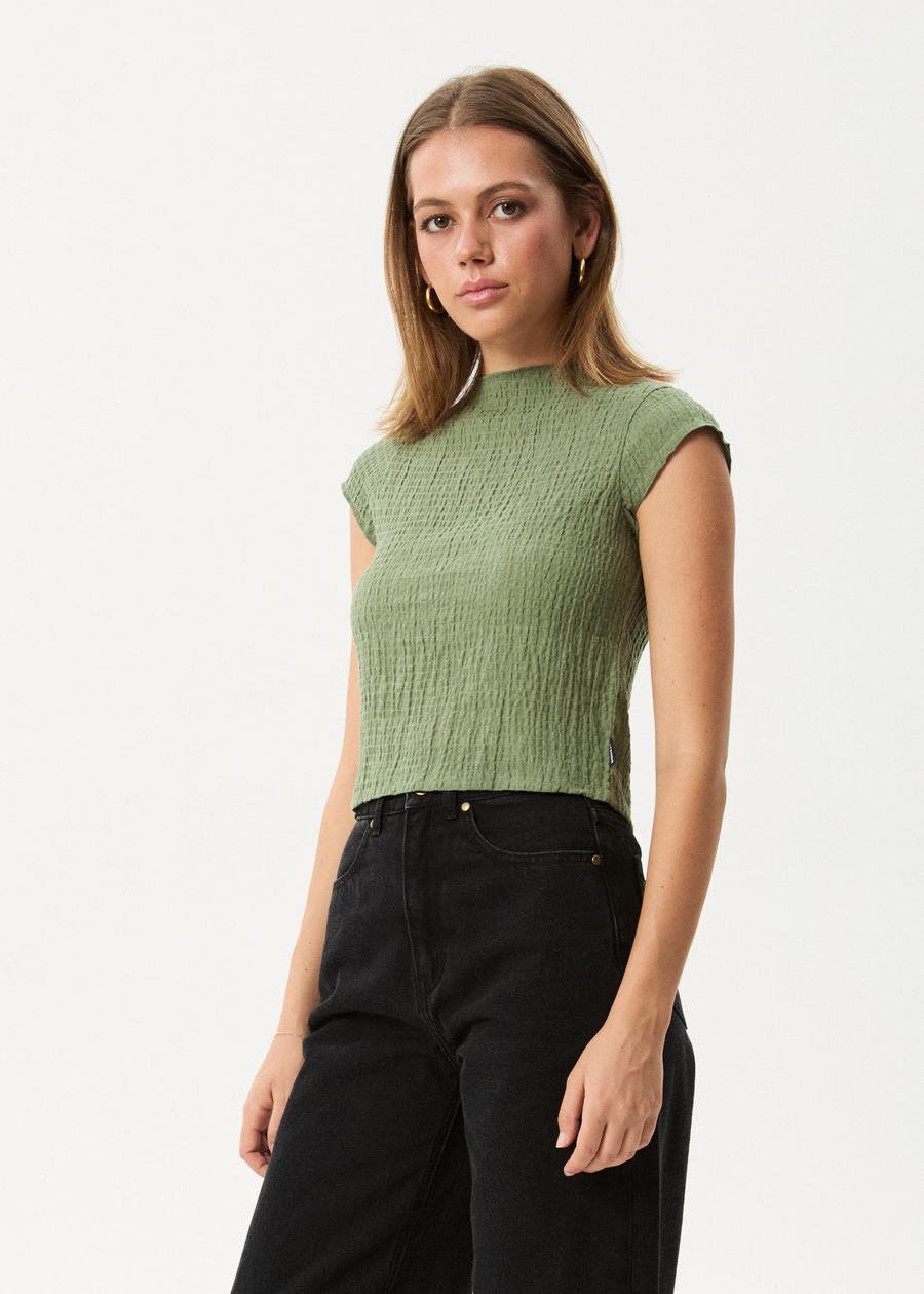 AFENDS Womens Focus - Seersucker Mock Neck Top - Oil Green