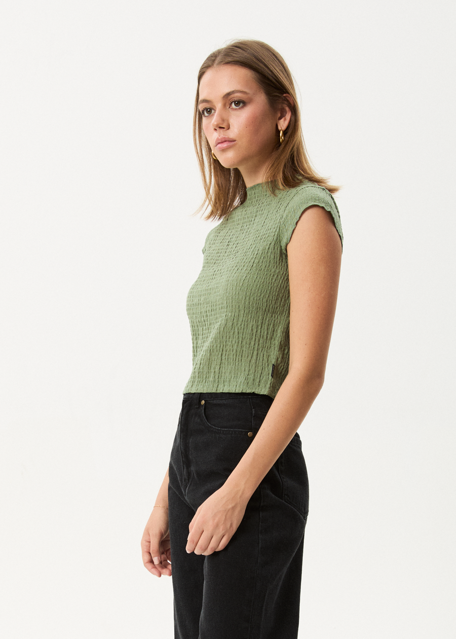 AFENDS Womens Focus - Seersucker Mock Neck Top - Oil Green