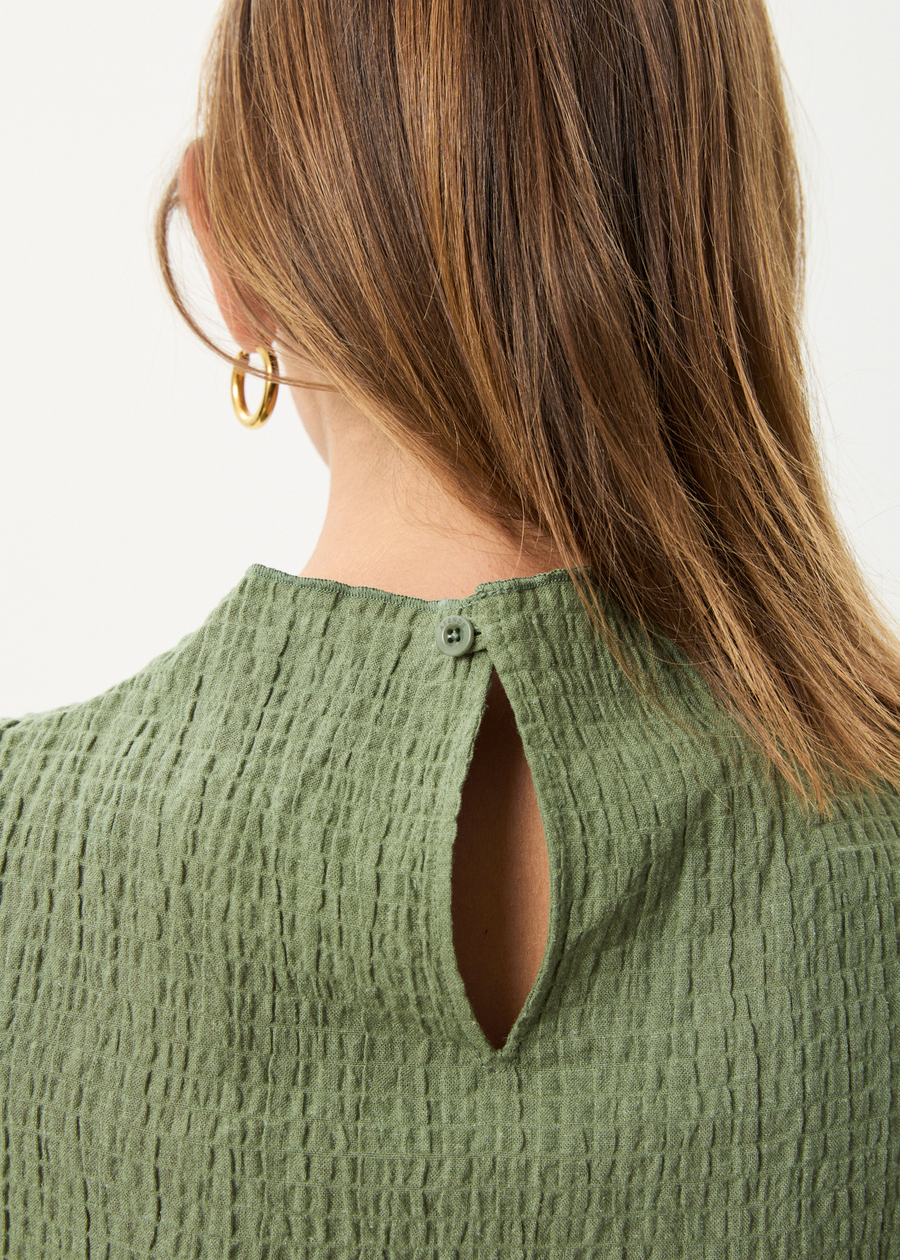AFENDS Womens Focus - Seersucker Mock Neck Top - Oil Green