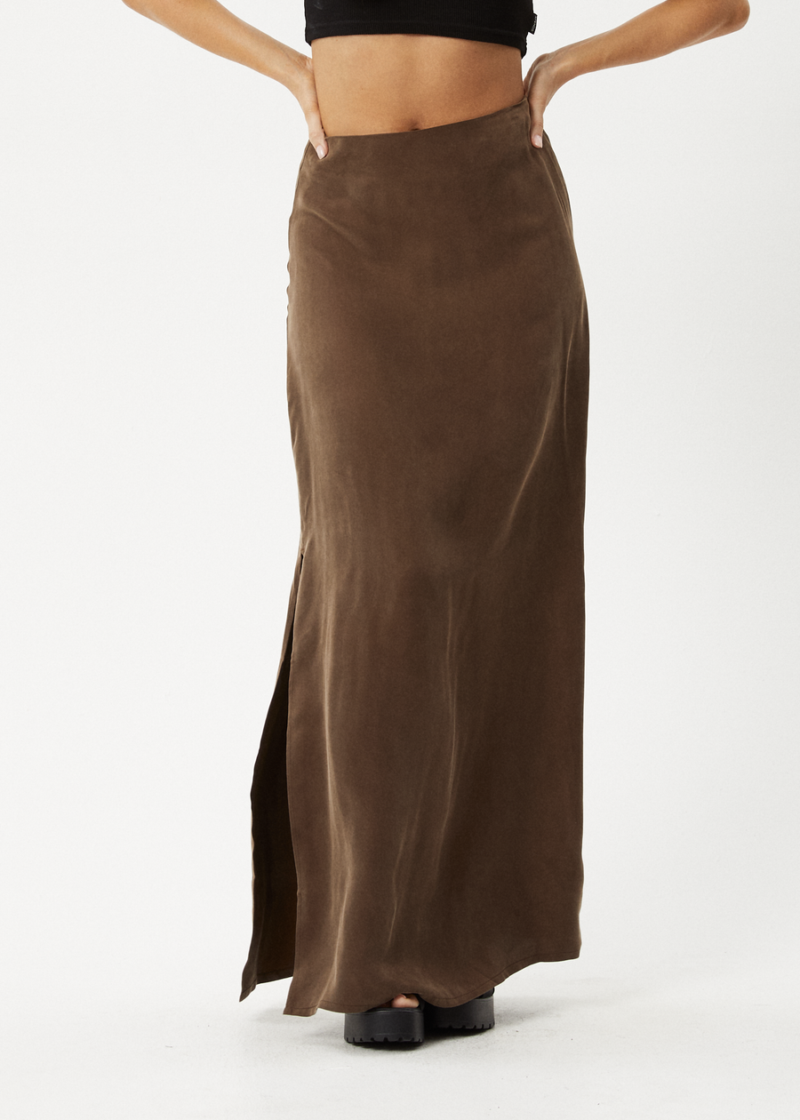 AFENDS Womens Grace - Cupro Maxi Skirt - Coffee 