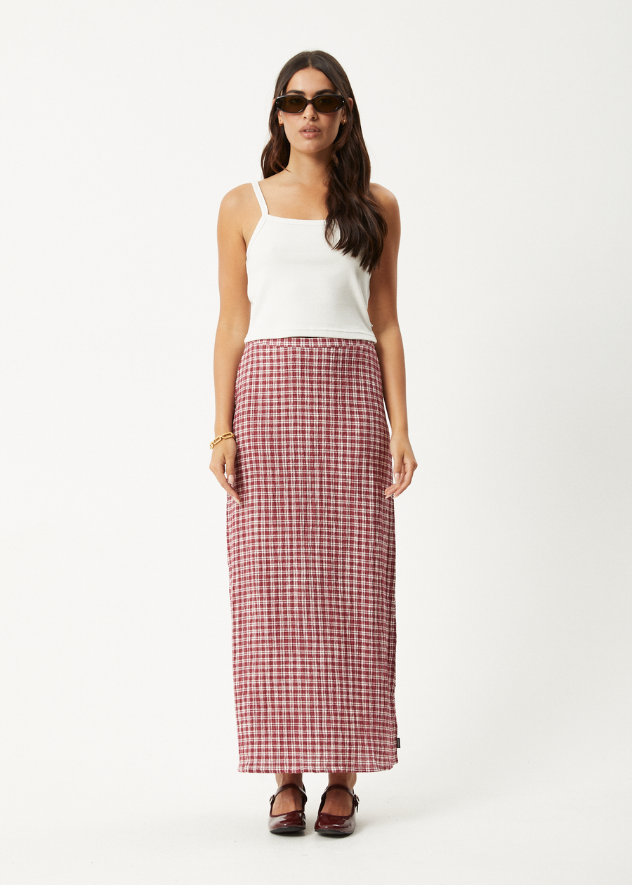 AFENDS Womens Base - Seersucker Maxi Skirt - Burgundy Check