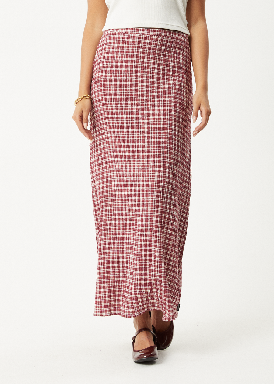 AFENDS Womens Base - Seersucker Maxi Skirt - Burgundy Check