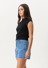 AFENDS Womens Focus - Seersucker Mock Neck Top - Black - Afends womens focus   seersucker mock neck top   black
