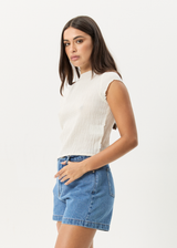 AFENDS Womens Focus - Seersucker Mock Neck Top - Off White - Afends womens focus   seersucker mock neck top   off white