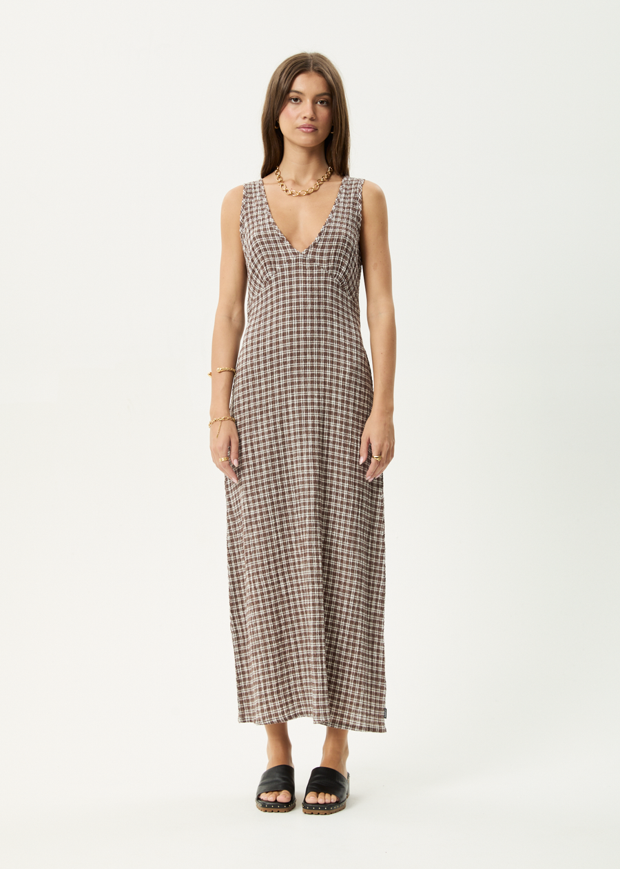 AFENDS Womens Base - Seersucker Maxi Dress - Coffee Check