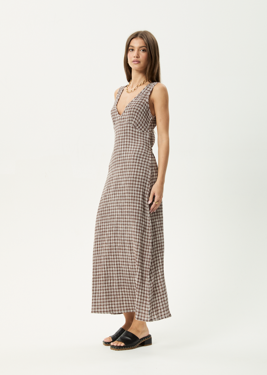 AFENDS Womens Base - Seersucker Maxi Dress - Coffee Check
