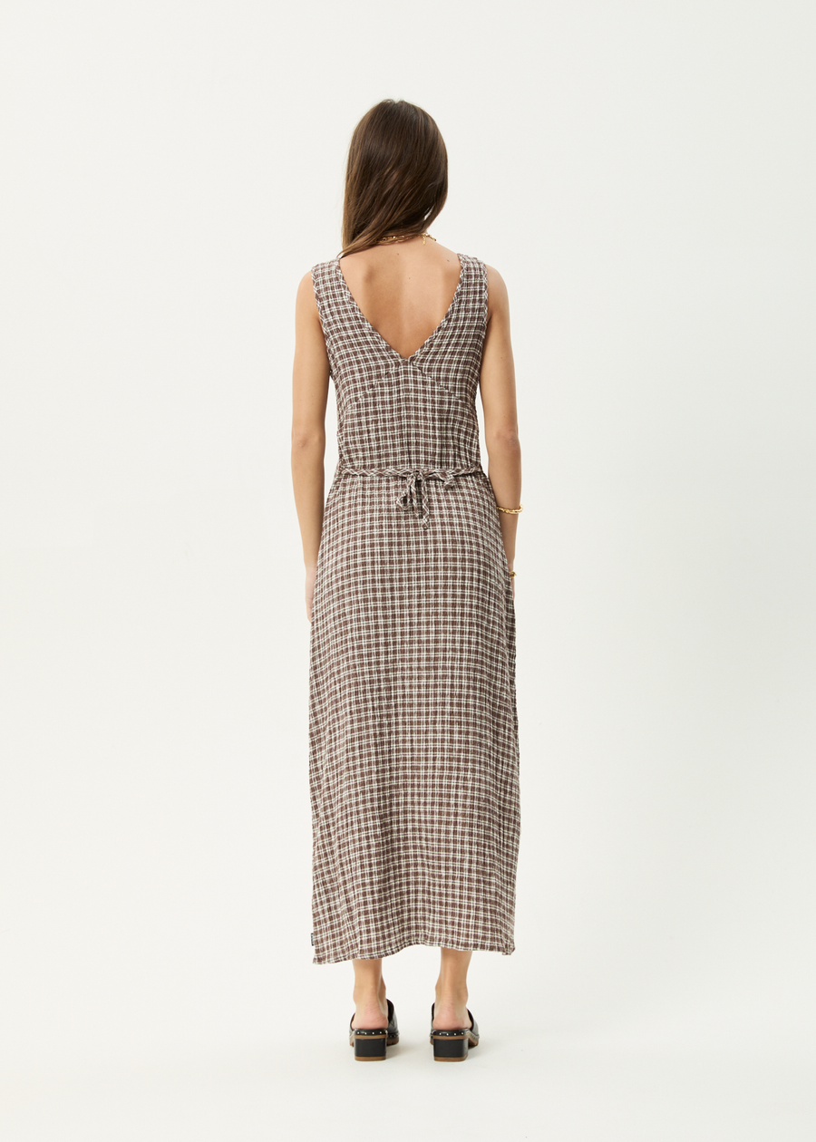 AFENDS Womens Base - Seersucker Maxi Dress - Coffee Check