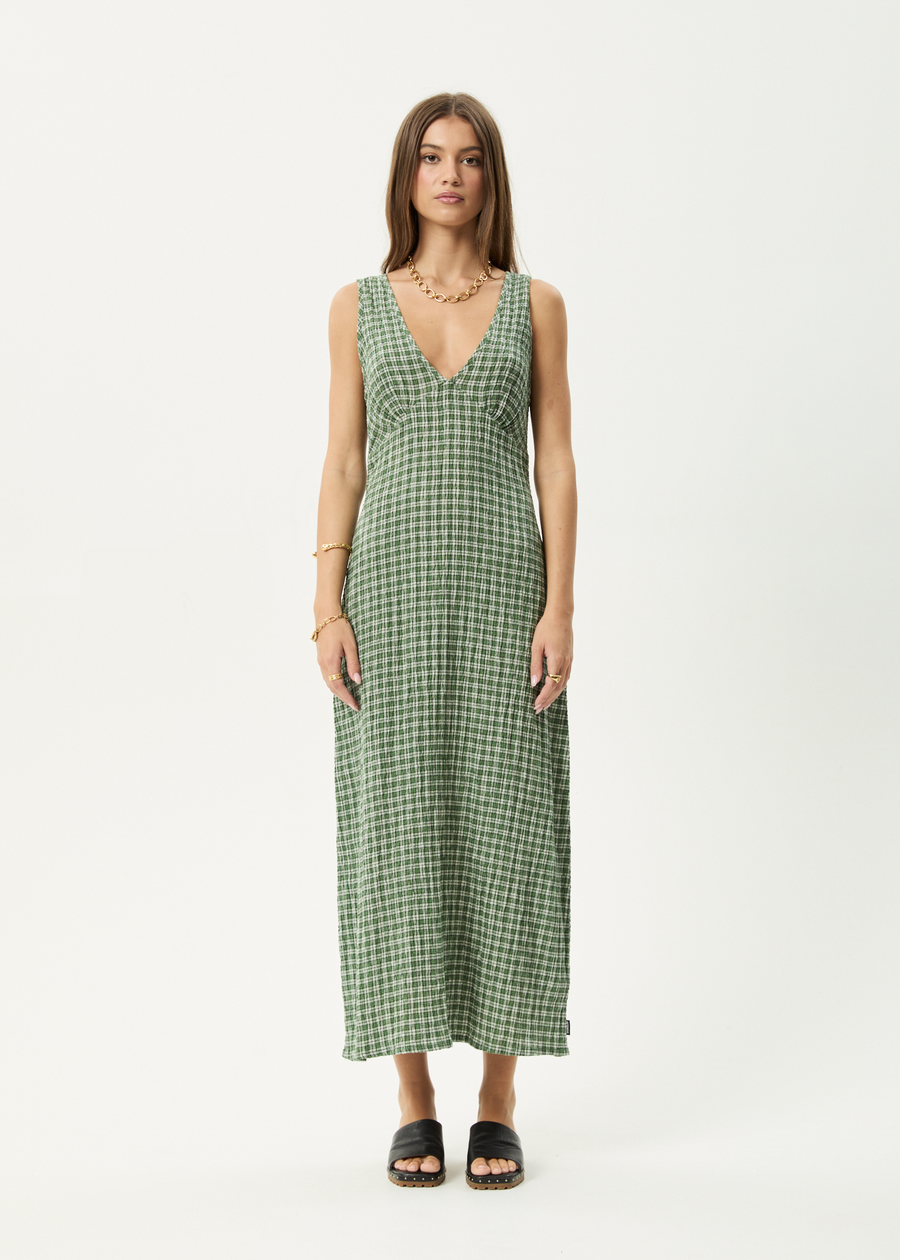 AFENDS Womens Base - Seersucker Maxi Dress - Deep Green Check