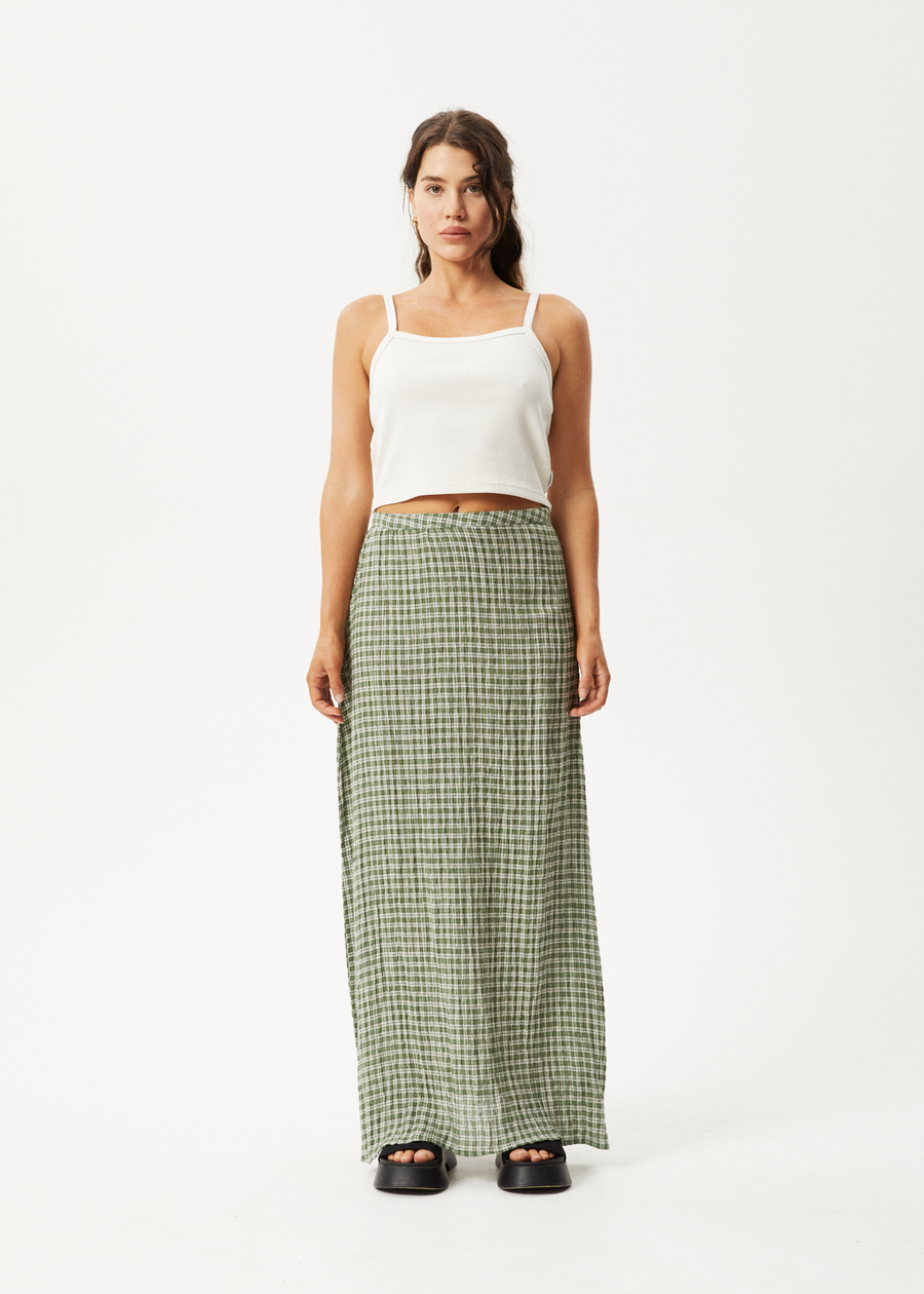 AFENDS Womens Base - Seersucker Maxi Skirt - Deep Green Check