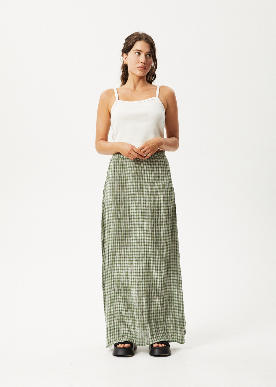 AFENDS Womens Base - Seersucker Maxi Skirt - Deep Green Check