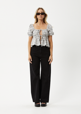 AFENDS Womens Leo -  Seersucker Tie Front Top - Black / White - Afends womens leo   seersucker tie front top   black / white